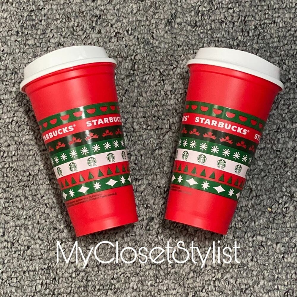 STARBUCKS Set NEW 2 Reusable Coffee Tumbler Travel CUPS red holiday pair limited